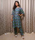 Blue chanderi print gul boat neck kaftan with pant
