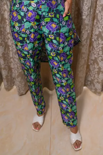 Blue chanderi print gul boat neck kaftan with pant