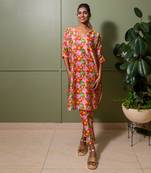 Red chanderi print gullista boat neck kaftan with pant