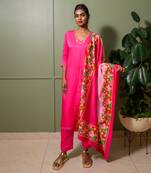 Blue linen satin print kamal choli neck embroidered back kurta pant set