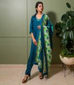 Black linen satin print lily v neck embroidered kurta pant set