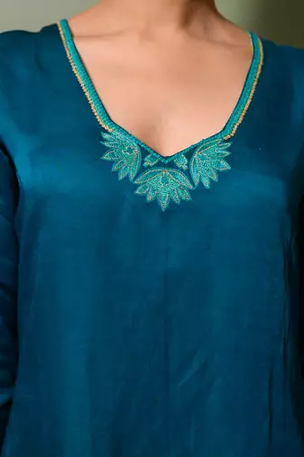 Black linen satin print lily v neck embroidered kurta pant set