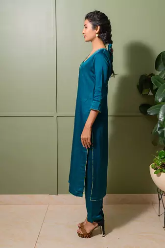 Black linen satin print lily v neck embroidered kurta pant set