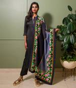 Purple linen satin print flora v neck embroidered back kurta with pant