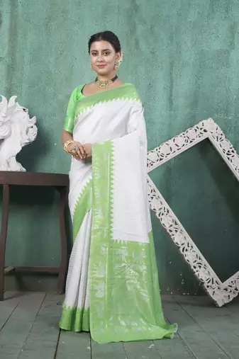 Light Green Silk Blend Faux Kanjivarm Style Contrast Thread Zari Border Pallu Saree With Blouse