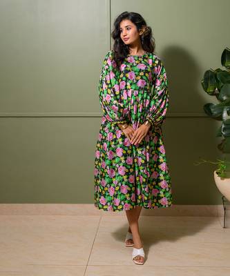 Black chanderi print bloom art crew neck gathered midi dress 1