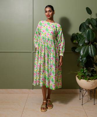 White chanderi print blossom art crew neck gathered midi dress 1