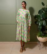 White chanderi print blossom art crew neck gathered midi dress