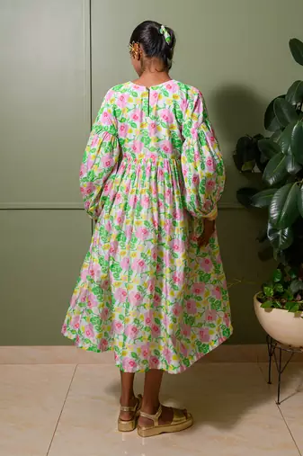 White chanderi print blossom art crew neck gathered midi dress