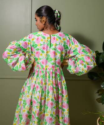 White chanderi print blossom art crew neck gathered midi dress 5