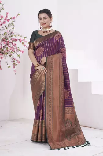 Wine Silk Blend Faux Banarasi Style Contrast Thread Zari Border Pallu Saree With Blouse