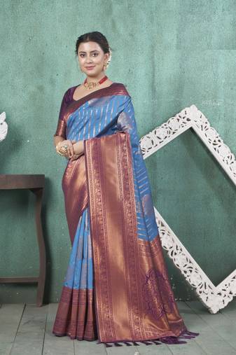 Indigo kanjivaram silk blend zari Weaving With Gold Zari Border And Pallu Saree With Blouse For Women