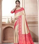 Rani Pink kanjivaram silk blend with Rich Gold Border And Elephant Motifs Saree With Blouse For Women