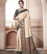 Dark Green kanjivaram silk blend with Rich Gold Border And Elephant Motifs Saree With Blouse For Women