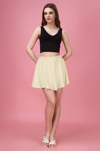 Beige Plain Solid Nylon Soft Mini Skirts for women