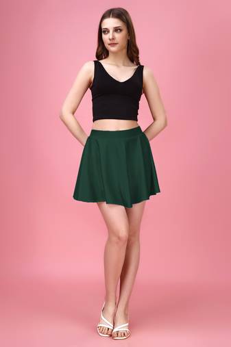 Green Plain Solid Nylon Soft Mini Skirts for women