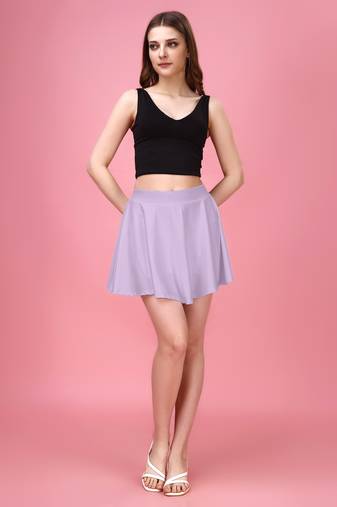 Purple Plain Solid Nylon Soft Mini Skirts for women