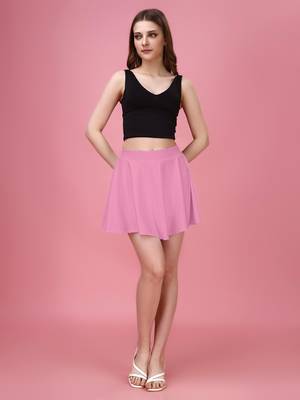 Pink Plain Solid Nylon Soft Mini Skirts for women 1