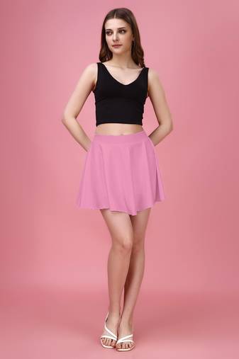 Pink Plain Solid Nylon Soft Mini Skirts for women