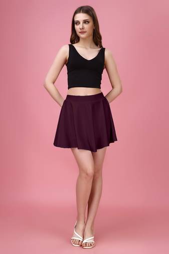 Plain Purple Solid Nylon Soft Mini Skirt for Women
