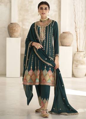 Aqua green silk embroidered designer Palazzo suit 1