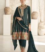 Aqua green silk embroidered designer Palazzo suit