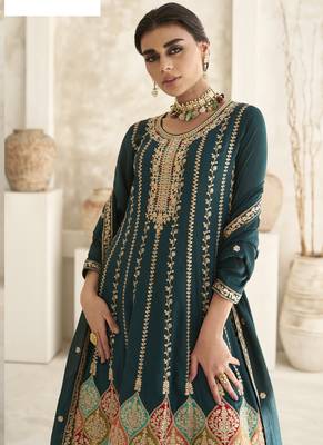 Aqua green silk embroidered designer Palazzo suit 2