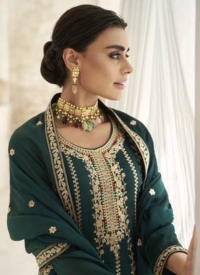 Aqua green silk embroidered designer Palazzo suit 3