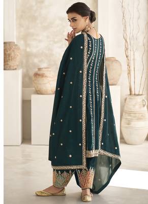Aqua green silk embroidered designer Palazzo suit 4