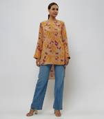 Brown printed crepe high low rolled up sleeves tunic