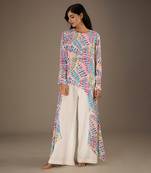 Multicolor printed crepe tunic with side tail