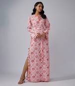 Blush pink printed art crepe long beyza kaftan with belt