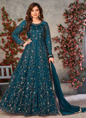 Teal net anarkali suit with dupatta 1