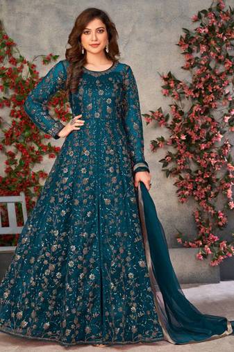 Teal net anarkali suit with dupatta