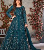 Teal net anarkali suit with dupatta