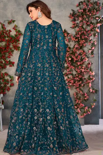 Teal net anarkali suit with dupatta