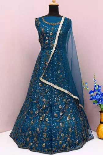 Teal net anarkali suit with dupatta