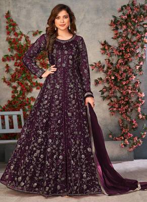 Wine net anarkali suit with dupatta 1