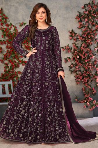 Wine net anarkali suit with dupatta