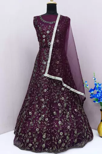 Wine net anarkali suit with dupatta