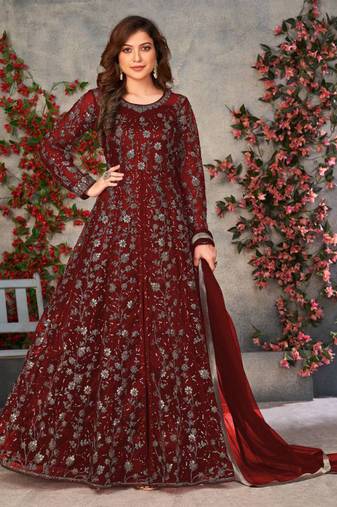Maroon net anarkali suit with dupatta