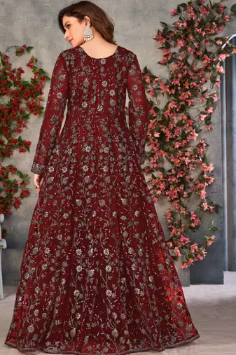 Maroon net anarkali suit with dupatta