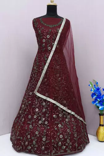 Maroon net anarkali suit with dupatta