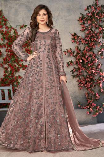 Chocolate net anarkali suit with dupatta