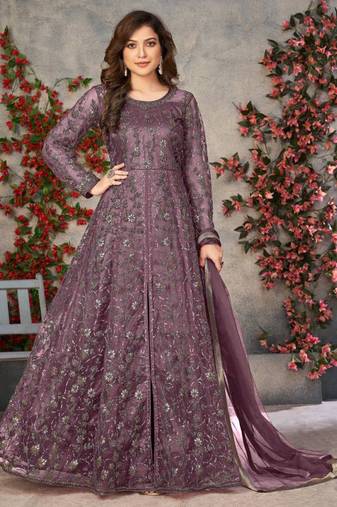 Purple net anarkali suit with dupatta