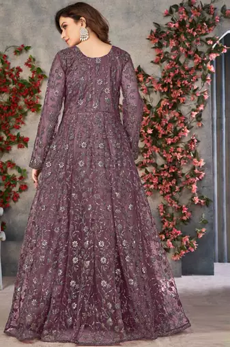 Purple net anarkali suit with dupatta