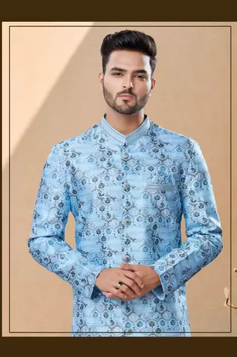 Jackard digital printed with thread work indowestern sherwani set