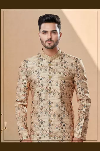 Jackard digital printed with thread work indowestern sherwani set