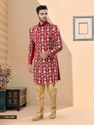 Velwet fabric with full thread computer amrodery havy indowestern sherwani set 1