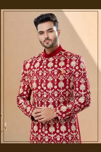 Velwet fabric with full thread computer amrodery havy indowestern sherwani set